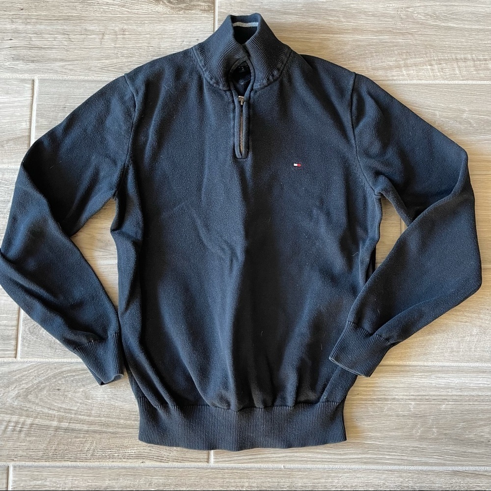 🔥 Tommy Hilfiger Dark Blue 1/4 Zip Long Sleeve Sweater Cotton M